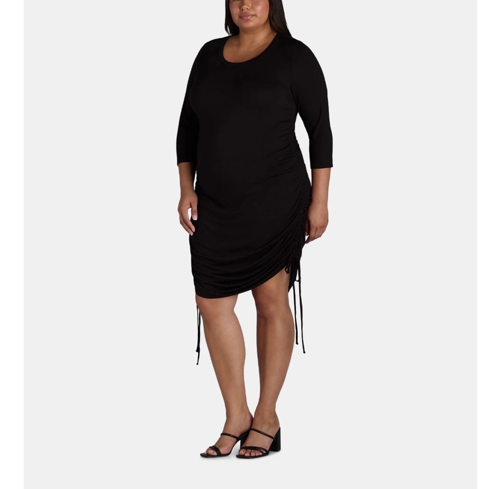 Terra & Sky Elegant Black Ruched Knit Midi Dress with Side Ties Size 2X NWT